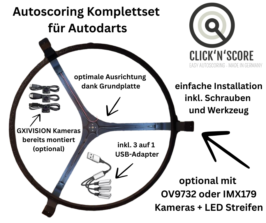 Autoscoring Set mit Grundplatte, Beleuchtung und GXIVISION Kameras für Autodarts
